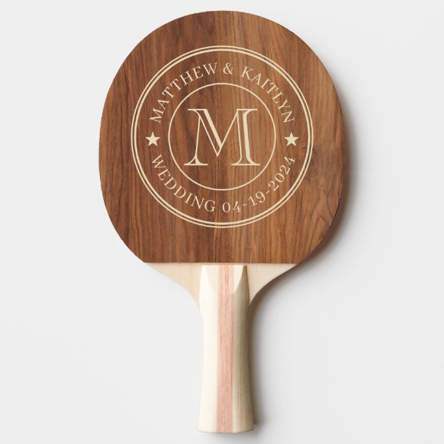 Pala De Ping Pong Estrella de Monograma de Boda de Madera de Roble R (Anverso)