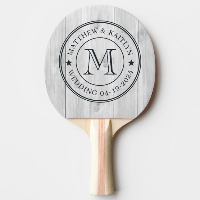 Pala De Ping Pong Estrella de Monograma de Boda de Madera Gris Claro (Anverso)
