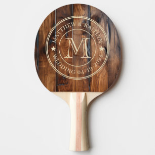 Pala De Ping Pong Estrella de Monograma de Boda de Madera Oscura Teñ