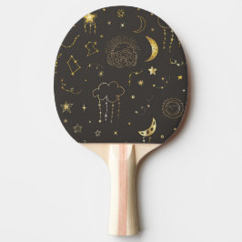 Pala De Ping Pong Estrellas doradas celestes, luna y constelaciones