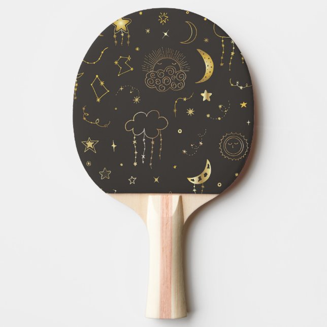 Pala De Ping Pong Estrellas doradas celestes, luna y constelaciones (Anverso)