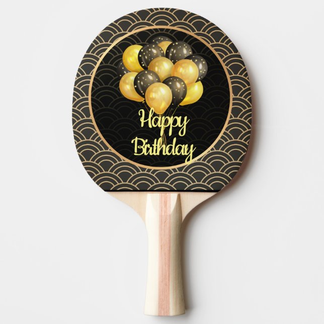 Pala De Ping Pong Feliz cumpleaños, elegante negro y oro, (Anverso)