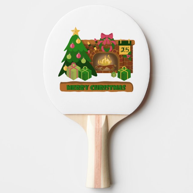 Pala De Ping Pong Feliz Navidad cerca de la chimenea de fuego árbol  (Anverso)