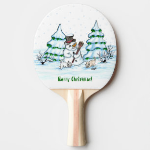 Pala De Ping Pong ¡Feliz Navidad! Hombre de nieve con gato y cachorr