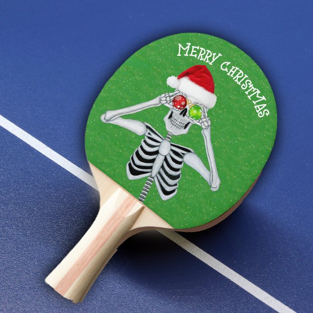 Pala De Ping Pong Feliz Navidad Skeleton Ornament Oyes Green (Merry Christmas skeleton ornament eyes Santa hat on green with gold flecks ping pong paddle.)