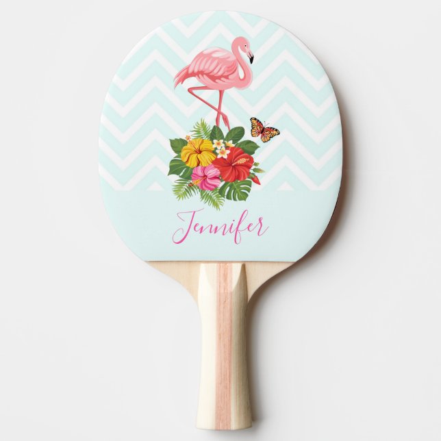 Pala De Ping Pong Flamingo rosado y flamante tropical hibiscus (Anverso)