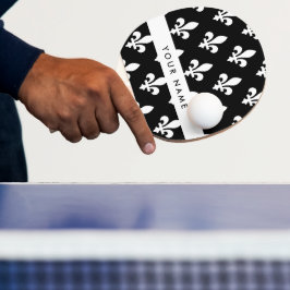 Pala De Ping Pong Fleur de Lis, Blanco sobre Negro, Blanco, Tu Nombr