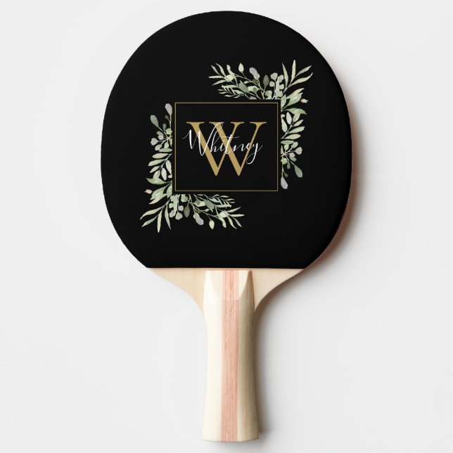 Pala De Ping Pong Floral de verde monograma de oro negro (Anverso)
