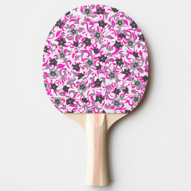 Pala De Ping Pong Flores abstractas rosadas grises blancas lindas (Anverso)