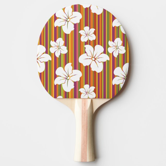 Pala De Ping Pong Flores blancas en un fondo rayado (Anverso)