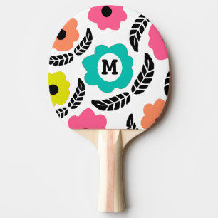 Pala De Ping Pong Flores brillantes modernas y monograma de hojas ne