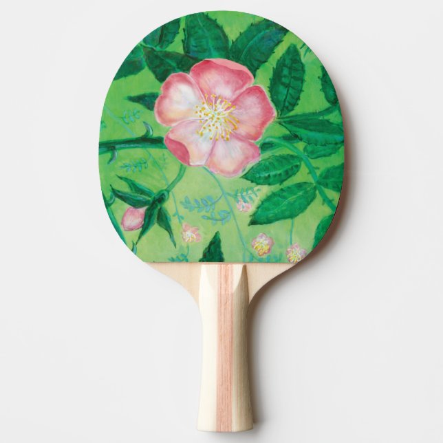 Pala De Ping Pong Flores de Rosa y Ilustracion de hojas verdes rosad (Anverso)