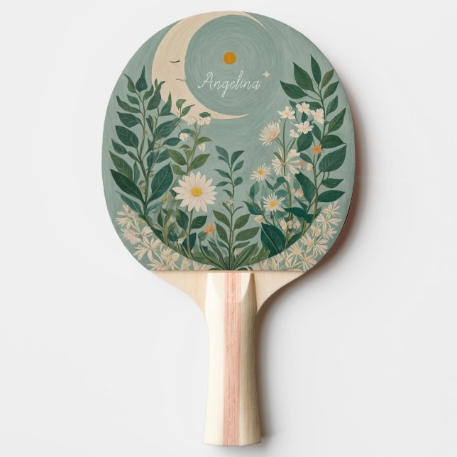 Pala De Ping Pong Flores luna iluminadas: flores pasteles y luna cre (Anverso)
