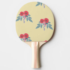 Pala De Ping Pong Flores rojas y hojas verdes en marrón
