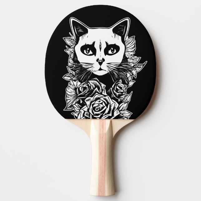 Pala De Ping Pong Flores Y Gato Gótico (Anverso)