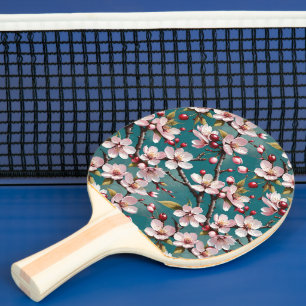 Pala De Ping Pong Fondo Verde azulado de flores de cerezo rosa