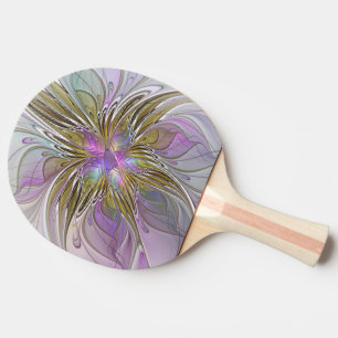 Pala De Ping Pong Fractal floral colorido con rosado y oro