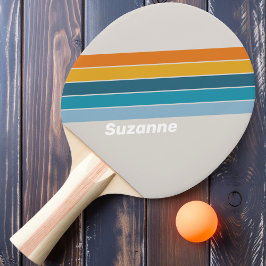Pala De Ping Pong Franja de arcoíris retro con nombre