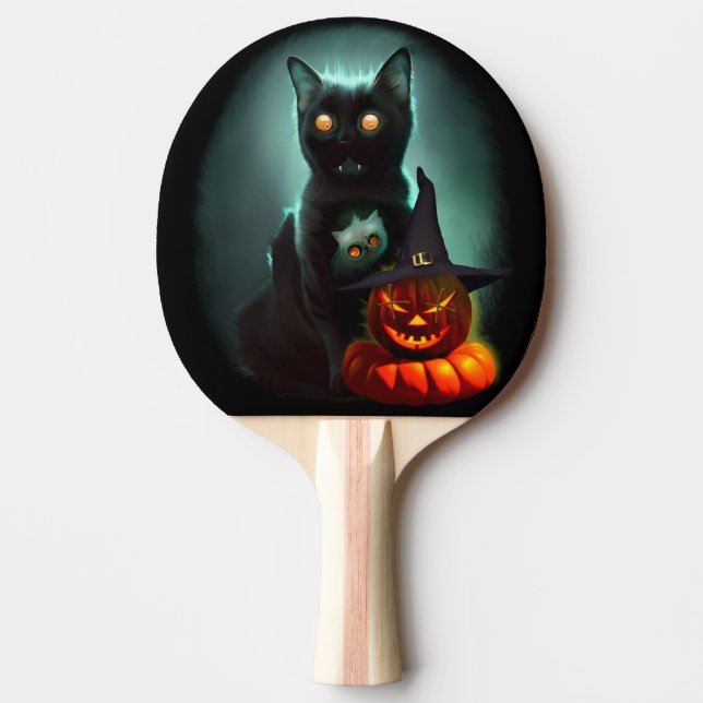 Pala De Ping Pong Gato de vampiros y mago calabaza Halloween Surreal (Anverso)