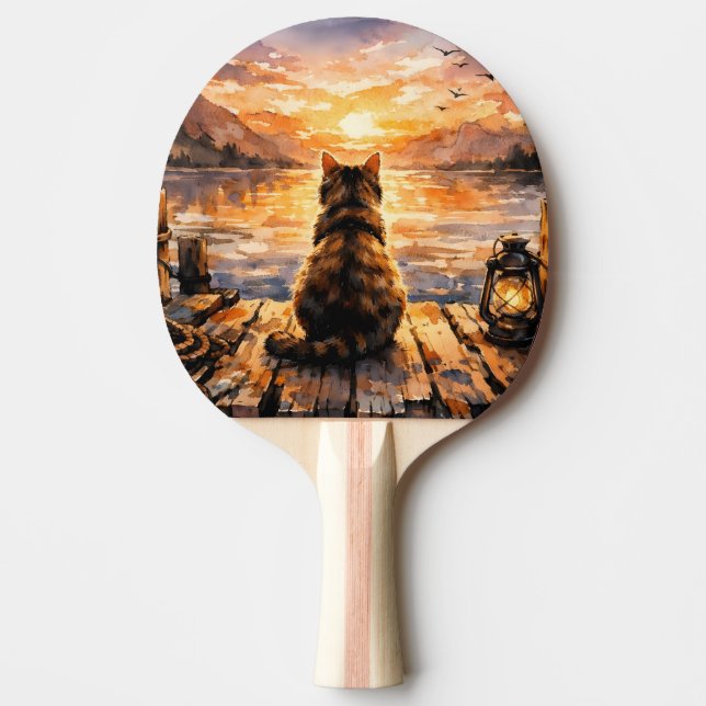 Pala De Ping Pong Gato en el muelle al atardecer (Anverso)