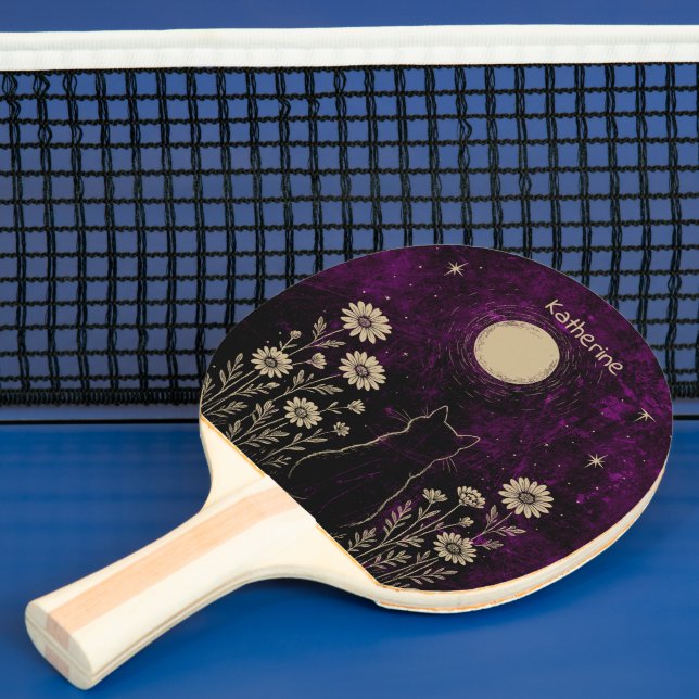 Pala De Ping Pong Gato Floral Celestial Personalizado Morado (in situ)