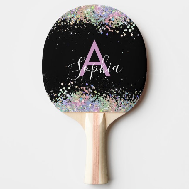 Pala De Ping Pong Glam Holographic Purpurina Monograma Script Negro (Anverso)