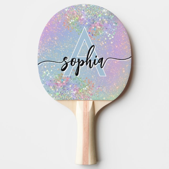 Pala De Ping Pong Glam Holographic Purpurina Monograma Script Rosa (Anverso)