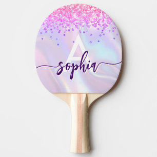 Pala De Ping Pong Glam Rosa Oro Brillo Monograma Letra Script Morado