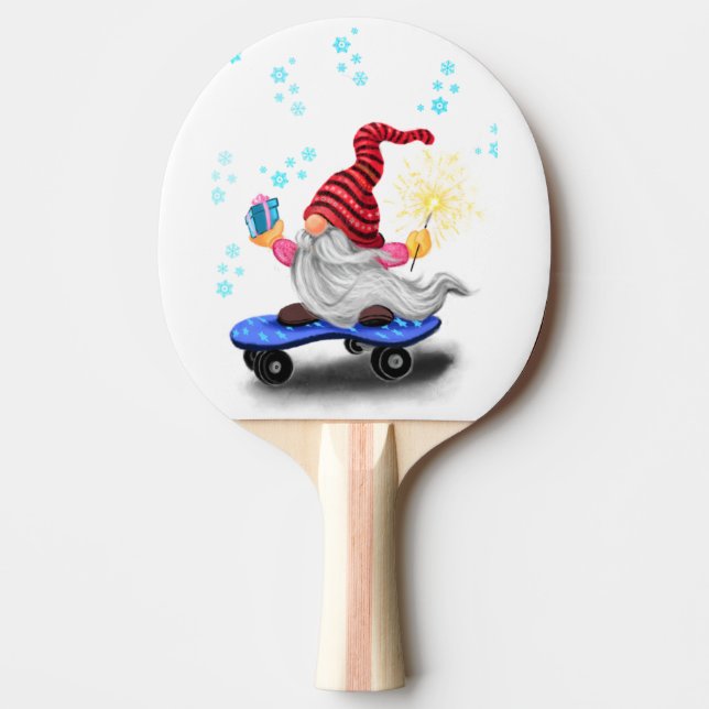 Pala De Ping Pong Gnome feliz del patinador con regalos y Sparkler - (Anverso)
