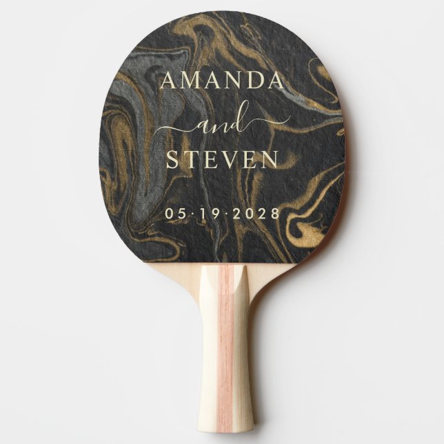 Pala De Ping Pong Gold Black Marble Couple Names with Wedding Date (Reverso)