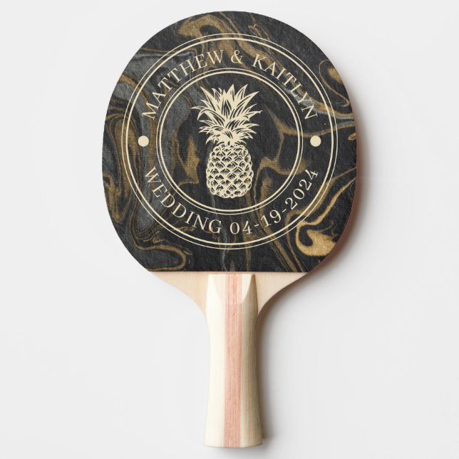 Pala De Ping Pong Gold Black Marble Pineapple Wedding Crest & Names (Anverso)