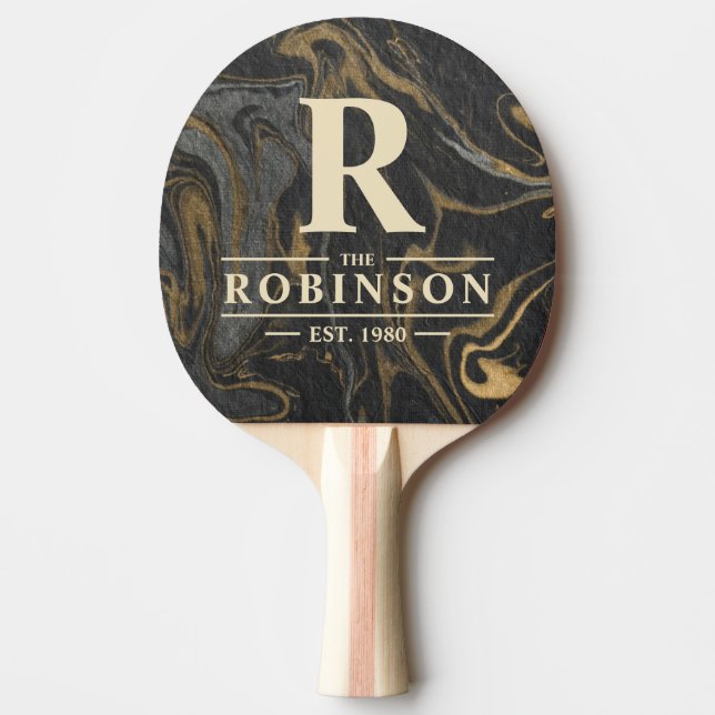 Pala De Ping Pong Gold Black Marble Swirl Family Name & Initial (Anverso)