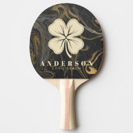 Pala De Ping Pong Gold Black Marble Swirl Four Leaf Clover with Name