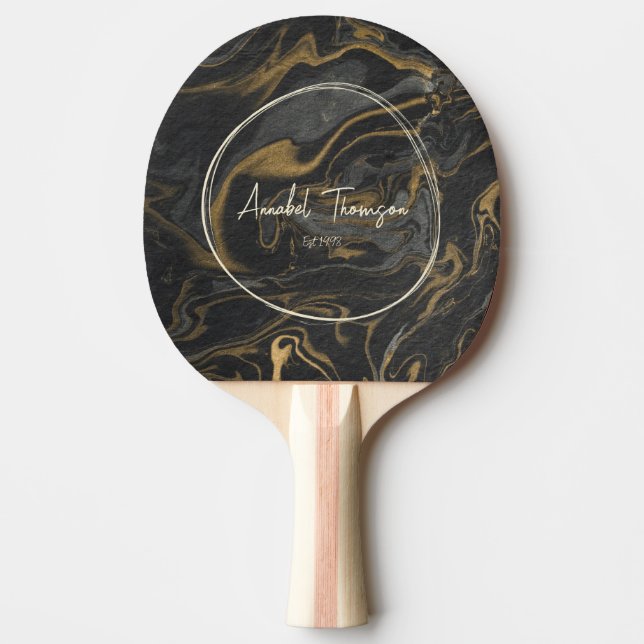 Pala De Ping Pong Gold Black Marble Swirl Name in Drawn Circle  (Anverso)