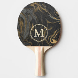 Pala De Ping Pong Gold Black Marble Swirl Stone Monogram