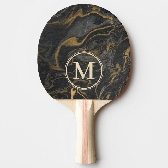 Pala De Ping Pong Gold Black Marble Swirl Stone Monogram (Anverso)