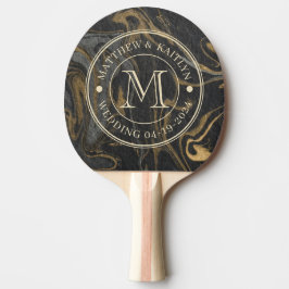 Pala De Ping Pong Gold Black Marble Swirl Stone Wedding Monogram