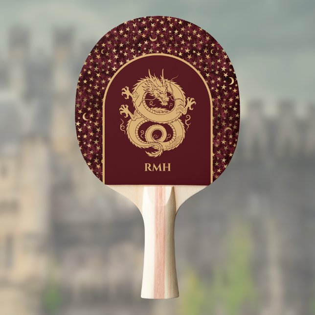 Pala De Ping Pong Gold Dragon and Medieval Stars and Moon on Maroon (Subido por el creador)