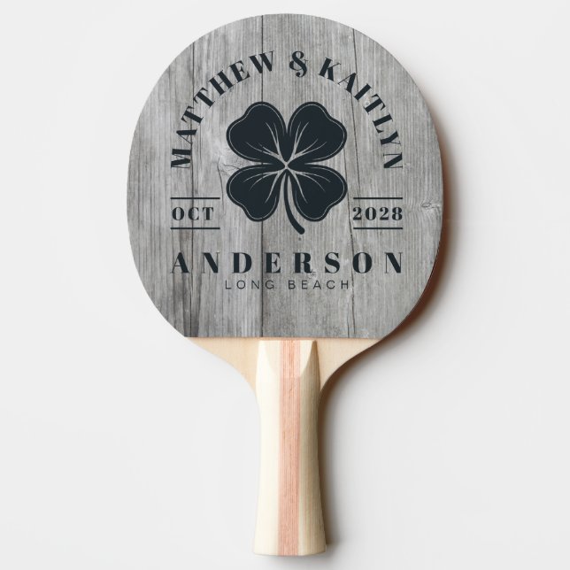 Pala De Ping Pong Gray Timber Irish Lucky Clover Wedding Crest (Reverso)