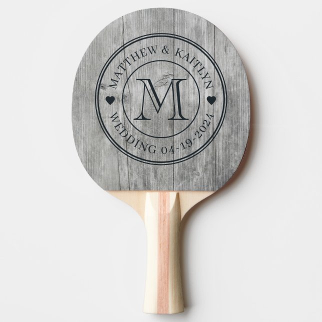 Pala De Ping Pong Gray Timber Wedding Monogram Heart (Anverso)
