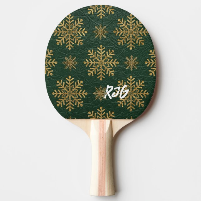Pala De Ping Pong Green Leather Tooled with Gold Snowflakes Initials (Anverso)