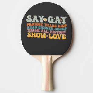 Pala De Ping Pong Groovy LGBT dice Gay Protect Trans Kids Leer libro