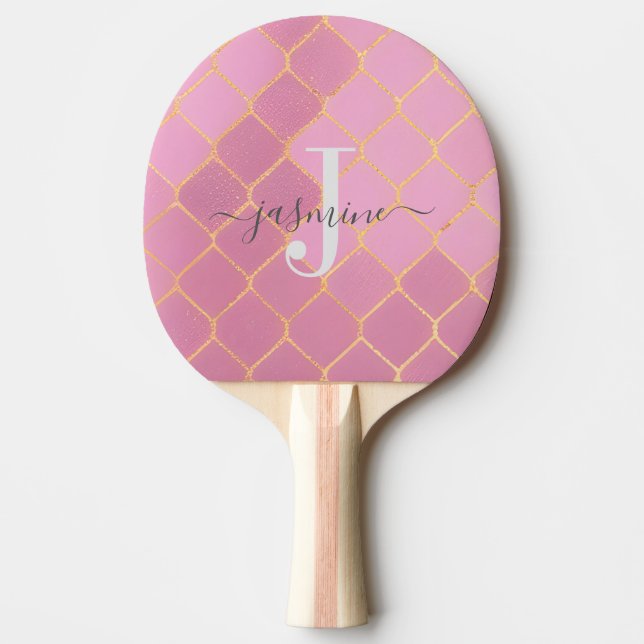 Pala De Ping Pong Guion de monograma brillante rosa y dorado femenin (Anverso)