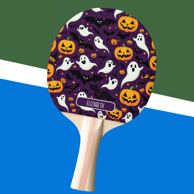 Pala De Ping Pong Halloween Nombre Bats Calabaza Púrpura Patrón de l (Halloween Name Bats Pumpkin Purple Pattern luxury Ping Pong Paddle)
