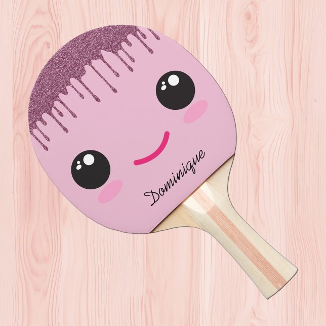 Pala De Ping Pong Happy Kawaii Face Faux Glitter Customizable Name  (Subido por el creador)
