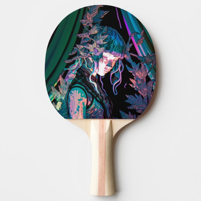 Pala De Ping Pong Hermosa mujer colorida y plantas (Anverso)