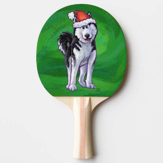 Pala De Ping Pong Husky festivo en Santa Hat en Green (Anverso)