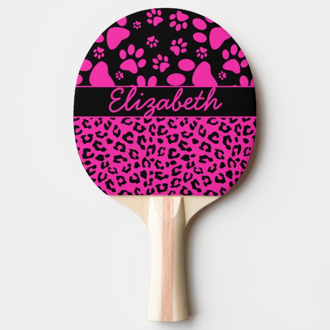 Pala De Ping Pong Impresión de leopardo rosa y negro y hojas persona (Anverso)