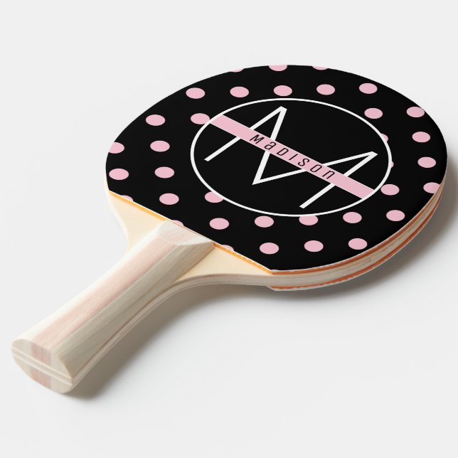 Pala De Ping Pong Inicial | Punto de Polka Rosa Cuta y Moda en negro (Ángulo frontal)