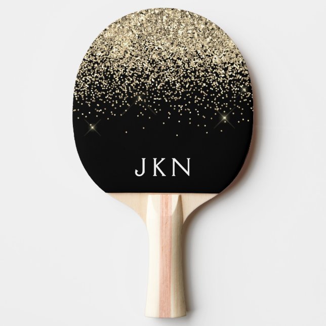 Pala De Ping Pong Iniciales del Monograma Girly Black Purpurina Gold (Anverso)